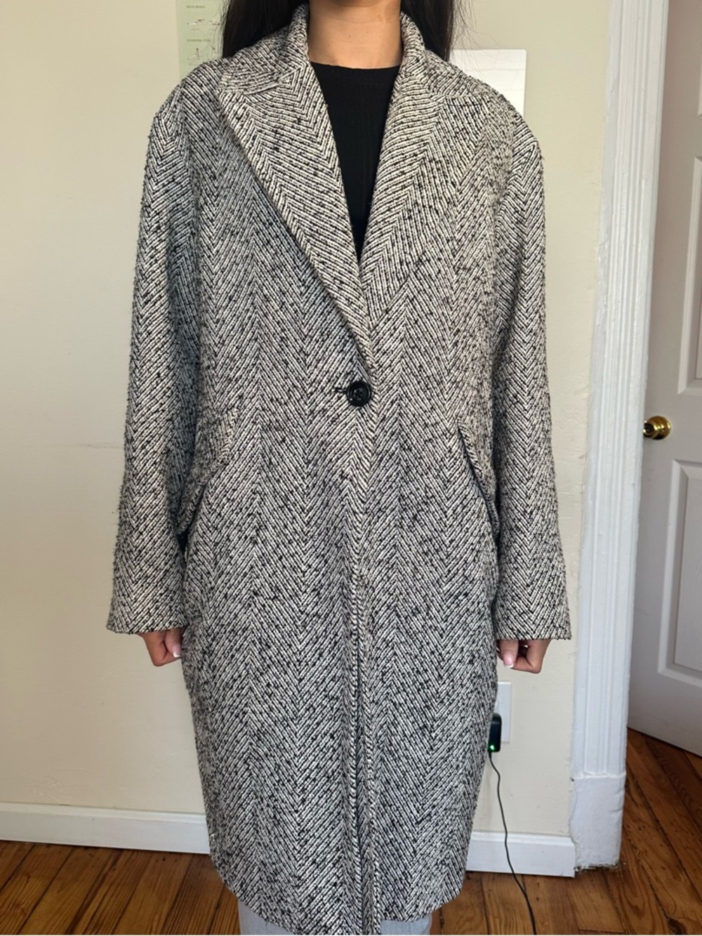 MANGO Gray Herringbone Single-Button Wool Blend Coat